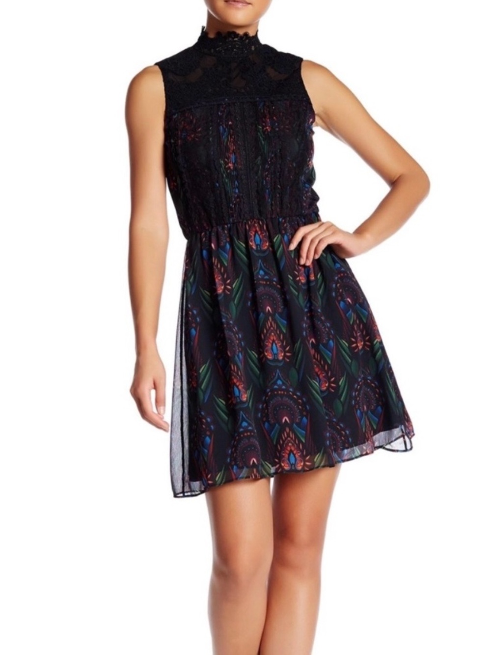 EUC Alice + Olivia Paisley & black lace dress, Size 2.